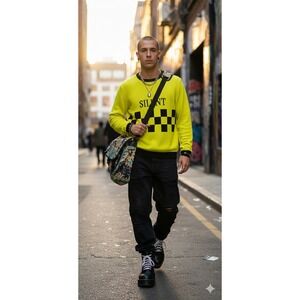 Tim Coppens Silent Motive Neon Yellow Checkered Knit Sweater Mens Medium Italy